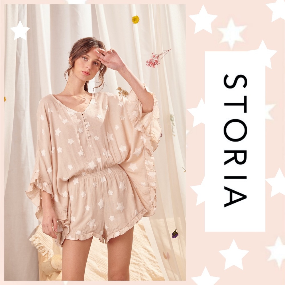 📌 STORIA Stars Sexy Up-Market Silky Romper Statement Sleeves Lined Ruffle Trim